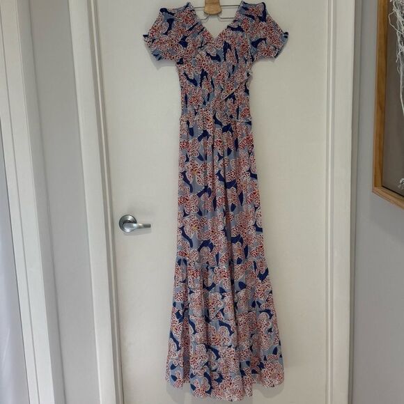 LUMINARY floral print maxi off shoulder dress empire waist cross front Small - Picture 1 of 9